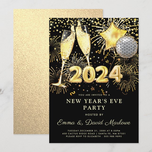 New Year's Eve Party 2024 Gold Glitter On Black  Invitation (Front/Back)