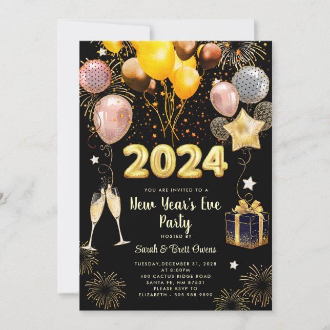 New Year's Eve Party 2024 Gold Glitter On Black  Invitation (Front)