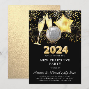 New Year's Eve Party 2024 Gold Glitter On Black  Invitation
