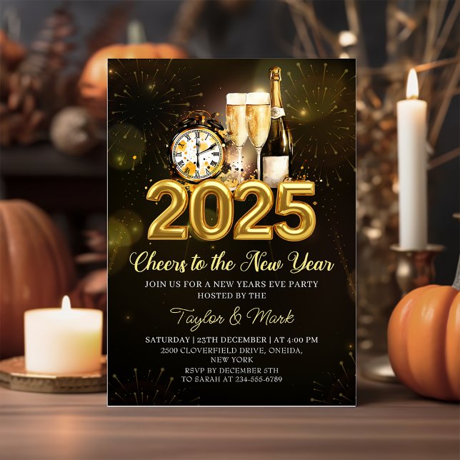 New Year's Eve Party 2025 Black Gold Champagne Invitation (Creator Uploaded)