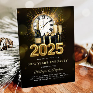 New Year's Eve Party 2025 Gold Champagne  Invitation