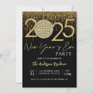New Year's Eve Party 2025 Gold Glitter Disco Ball Invitation