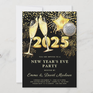 New Year's Eve Party 2025 Gold Glitter On Black  Invitation