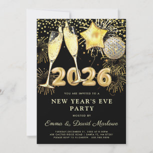 New Year's Eve Party 2026 Gold Black Modern Invitation