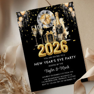 New Year's Eve Party Balck Gold Glitter Champagne Invitation
