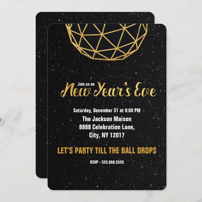 New Year's Eve Party, Ball Drop, Faux Gold, Invitation (Front/Back)