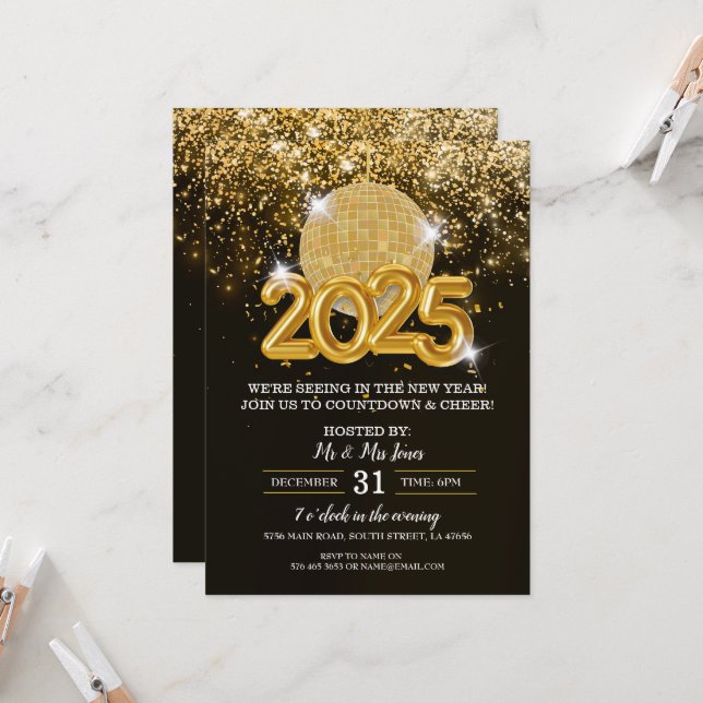 New Year's Eve Party Black and Gold Invitation (Front/Back In Situ)