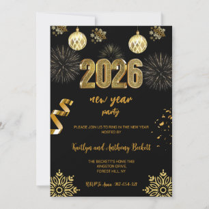 New Year's Eve Party Black & Gold Balloon Confetti Invitation