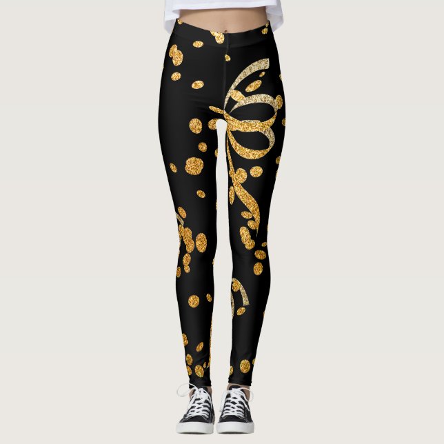 New Years Eve Party Black Gold Glitter Confetti Leggings (Front)