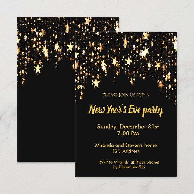 New Year's Eve party black invitation card stars (Front/Back)