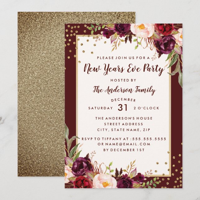 New Years Eve Party Burgundy Gold Floral Invite (Front/Back)