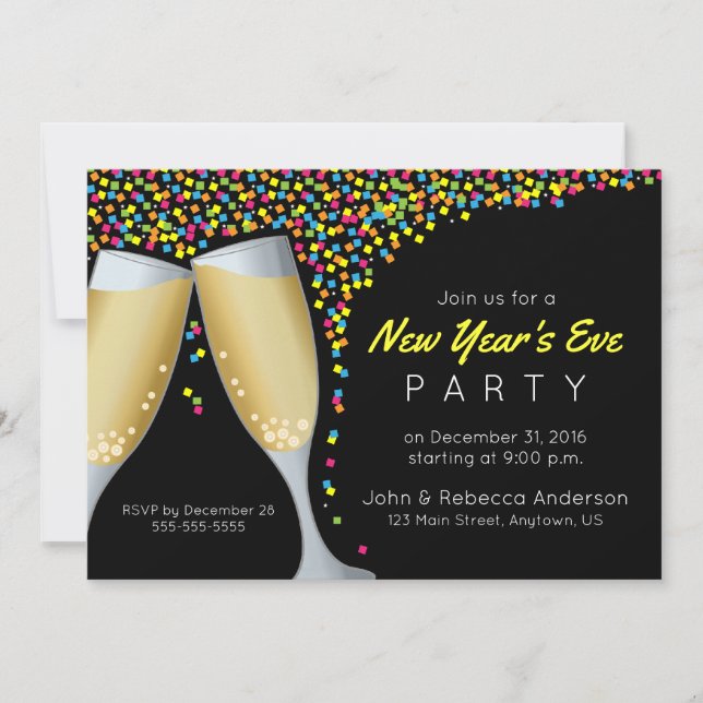 New Year's Eve Party Champagne and Confetti invite (Front)