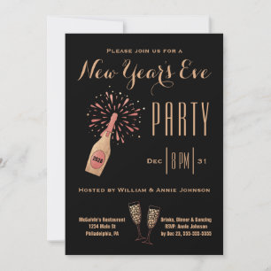 New Year's Eve Party Champagne Bottle Gold Black Invitation