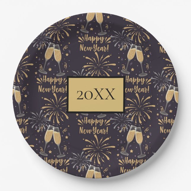 New Years Eve Party Champagne Fireworks Paper Plate (Front)