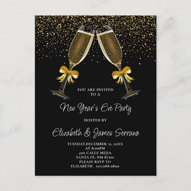 New Year's Eve Party Champagne Glasses Gold Black Invitation Postcard (Front)