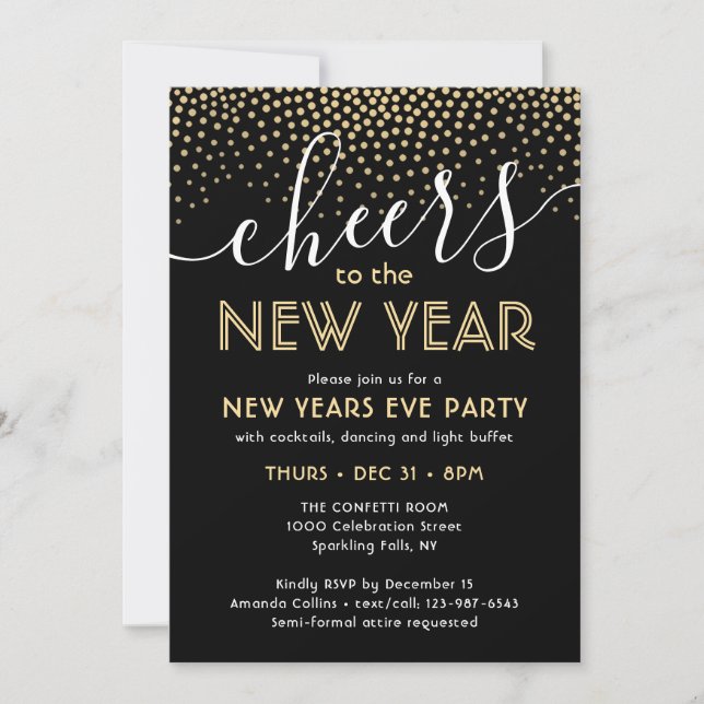 New Years Eve Party Cheers Black and Gold Confetti Invitation (Front)