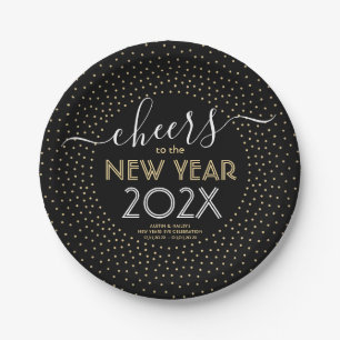 New Years Eve Party Cheers Black and Gold Confetti Paper Plate
