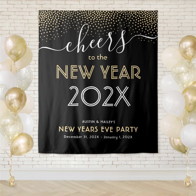 New Years Eve Party Cheers Black and Gold Confetti Tapestry (Creator Uploaded)