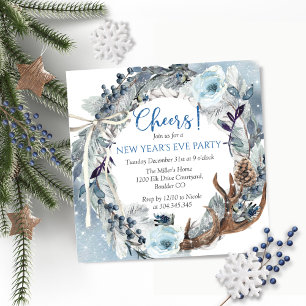 New Year's Eve Party, Cheers, Blue Wreath Sparkles Invitation