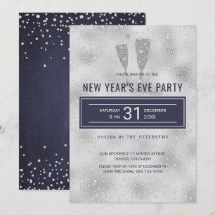 New Year's Eve Party Classy Elegant Silver Navy Invitation