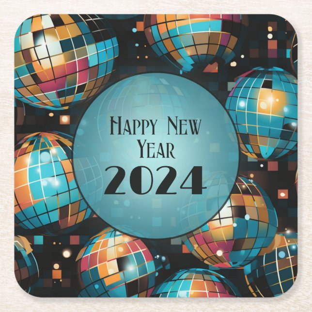 New Year's Eve Party Coaster-Colourful Disco Ball  Square Paper Coaster (Front)