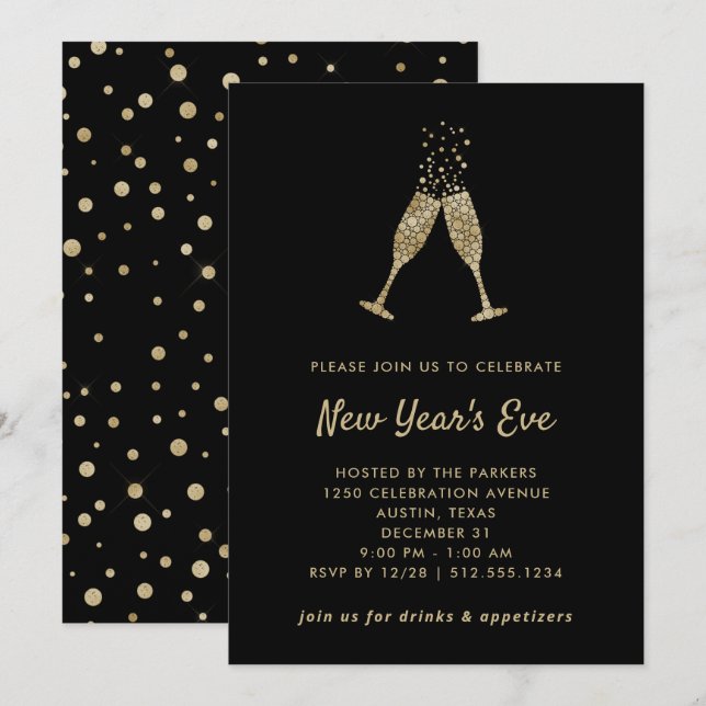New Years Eve Party | Faux Gold Confetti on Black Invitation (Front/Back)