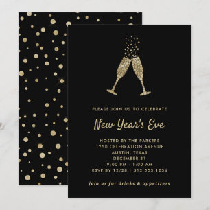 New Years Eve Party   Faux Gold Confetti on Black Invitation