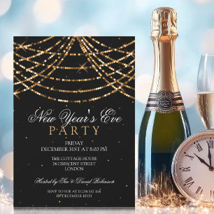 New Years Eve Party Festive String Lights Gold Invitation