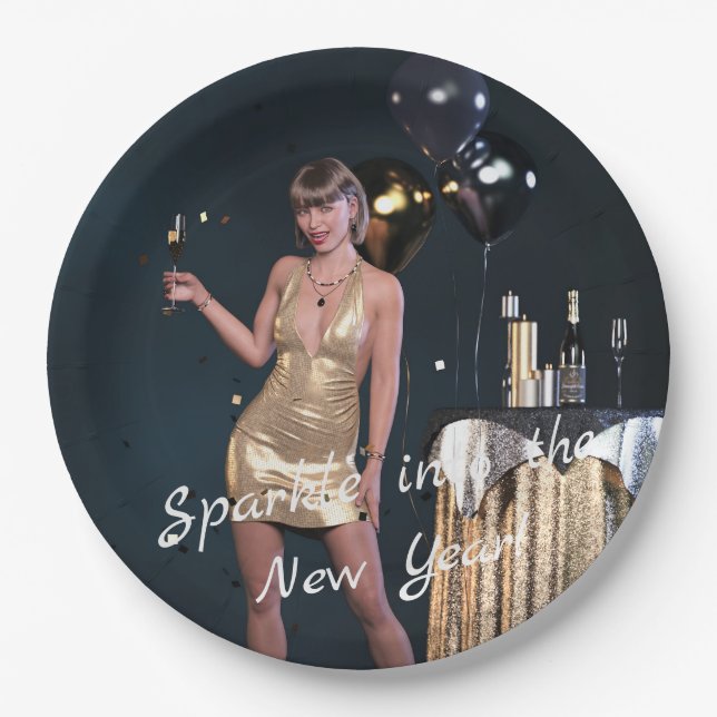 New Years Eve Party Girl in Sequined Dress Paper Plate (Front)