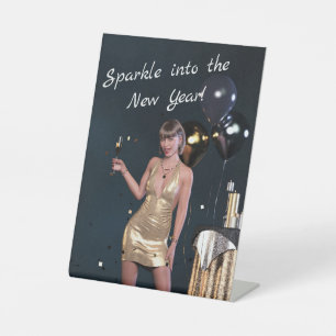 New Years Eve Party Girl in Sequined Dress Pedestal Sign