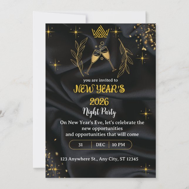New years Eve Party gold and black digital Invitation (Front)
