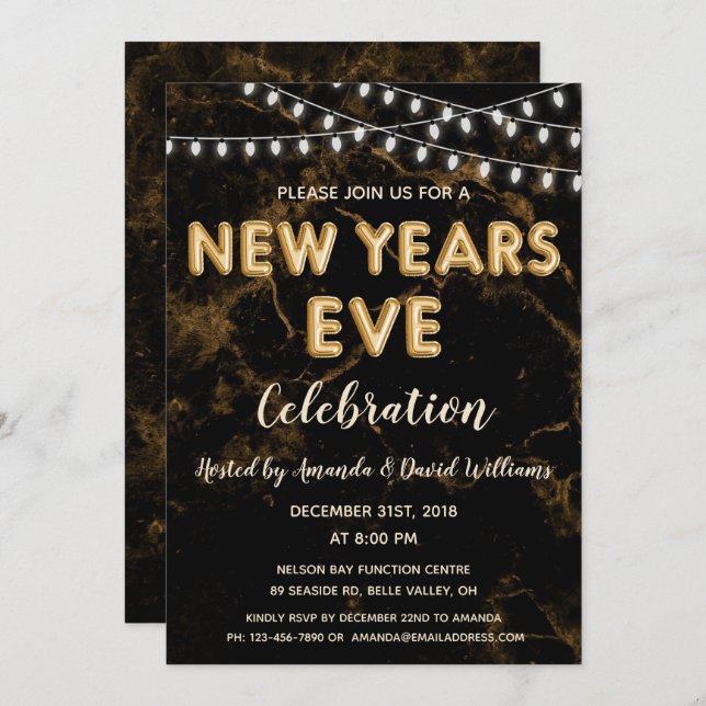 New Years Eve Party Gold Black Balloon Lights Invitation (Front/Back)