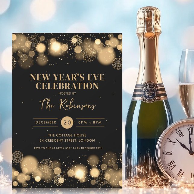 New Years Eve Party Gold Black Winter Wonder Invitation (New Years Eve Party Gold Black Winter Wonder Invitation)