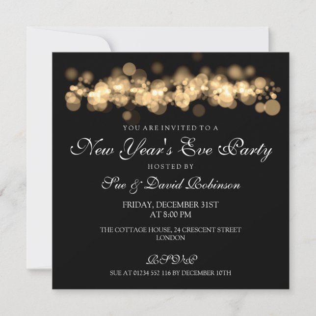 New Year's Eve Party Gold Bokeh Lights Invitation (Front)