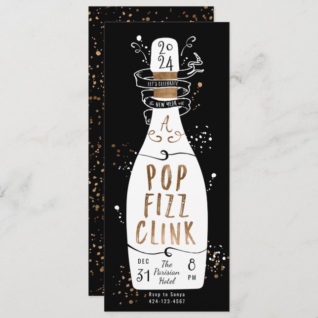 New Year's Eve Party Gold Champagne Pop Fizz Clink Invitation (Front/Back)