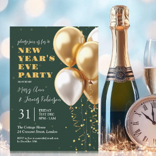 New Years Eve Party Gold Confetti Balloons Green Invitation