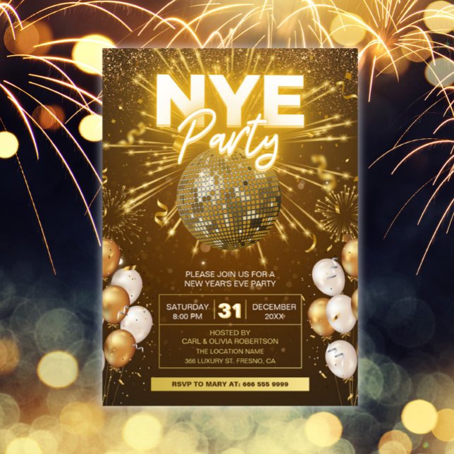 New Year's Eve Party Gold Disco Ball Glitter Invitation (New Year's Eve Party Celebration Invitation)