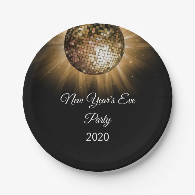 New Year's Eve Party Gold Disco Ball Paper Plate (Front)