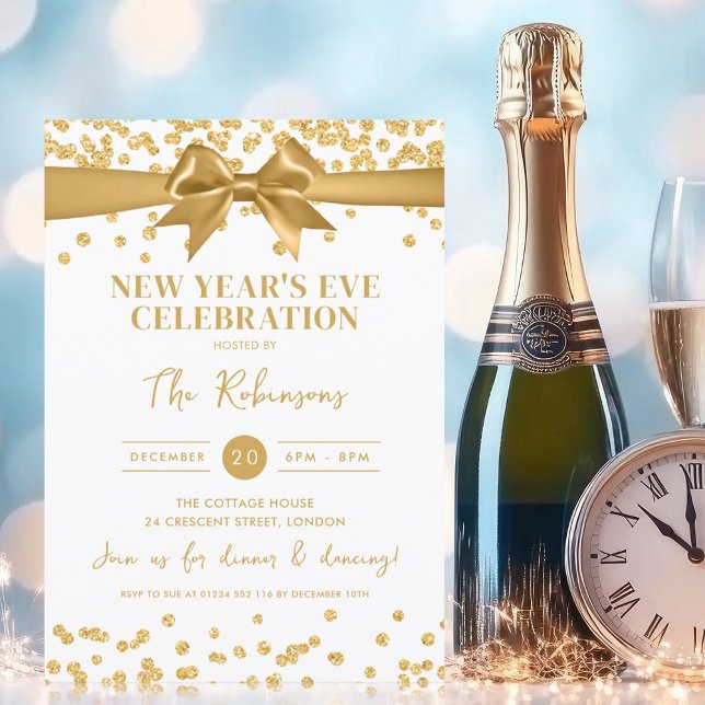 New Years Eve Party Gold Glitter Confetti & Bow Invitation (New Years Eve Party Gold Glitter Confetti & Bow Invitation)