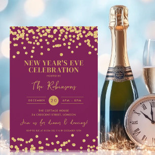 New Years Eve Party Gold Glitter Confetti Magenta Invitation