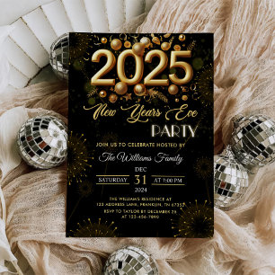 New Year's Eve Party Gold Glitter On Black Invitation