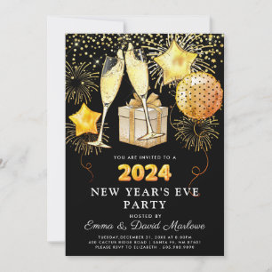 New Year's Eve Party Gold Glitter On Black  Invitation