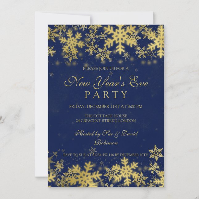 New Years Eve Party Gold & Navy Blue  Snowflakes Invitation (Front)