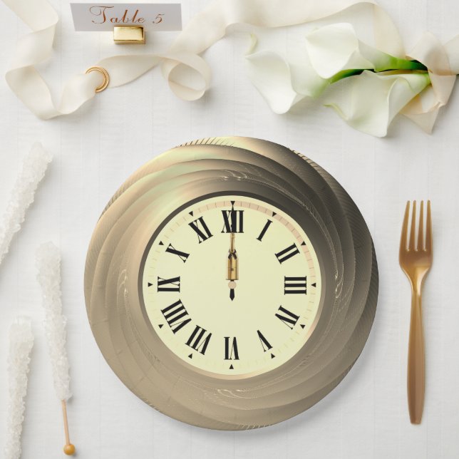 New Year's Eve Party Gold Whirl Clock Paper Plate (Wedding)
