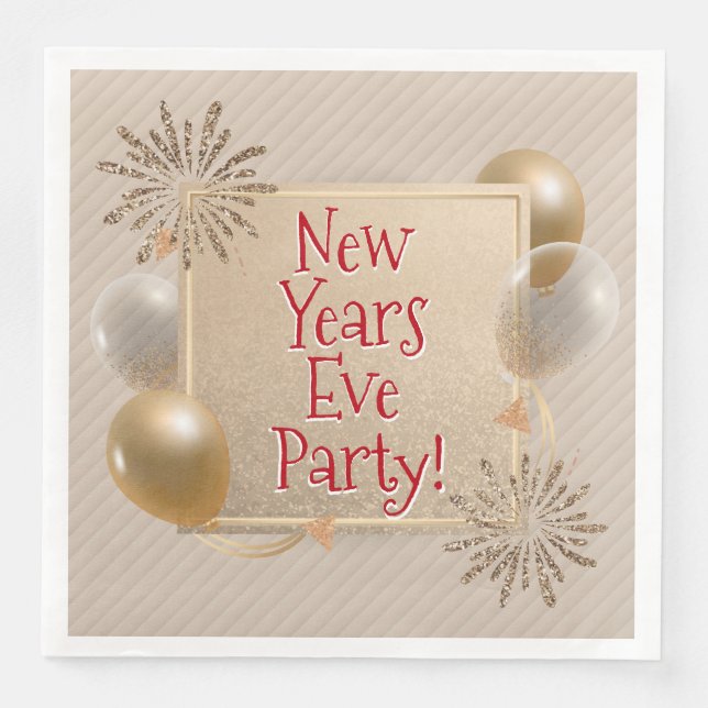 New Years Eve Party, Gold, White Balloons, Napkin (Front)