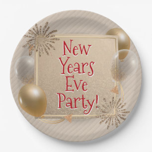 New Years Eve Party, Gold, White Balloons, Paper Plate
