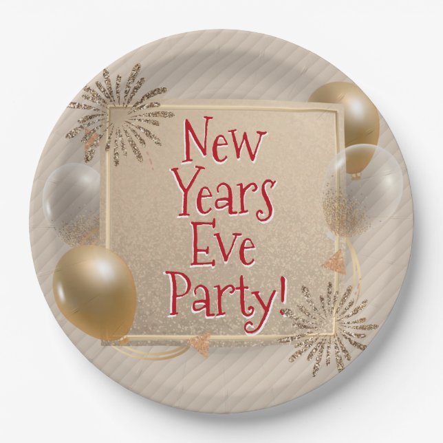 New Years Eve Party, Gold, White Balloons, Paper Plate (Front)