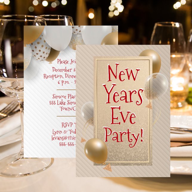 New Years Eve Party - Gold & White Balloons - Red Invitation (New Years Eve Party With Gold and White Balloons Invitation)