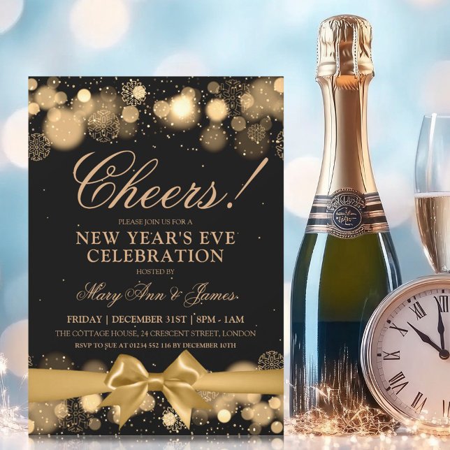 New Years Eve Party Gold Winter Wonder Bow Invitation (New Years Eve Party Gold Winter Wonder Bow Invitation)