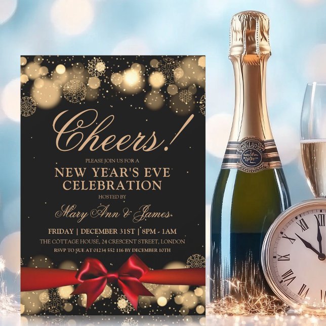 New Years Eve Party Gold Winter Wonder Red Bow Invitation (New Years Eve Party Gold Winter Wonder Red Bow Invitation)